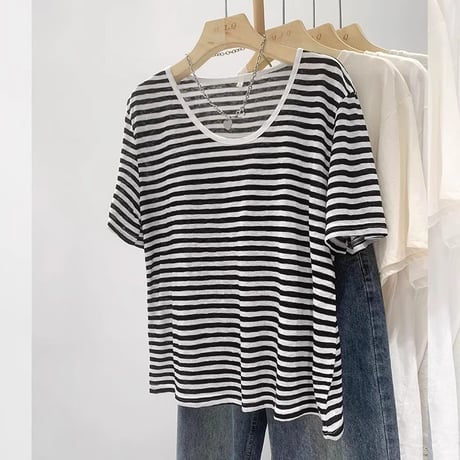 24cmShopレトロストライプUネック半袖Tシャツ女tx093