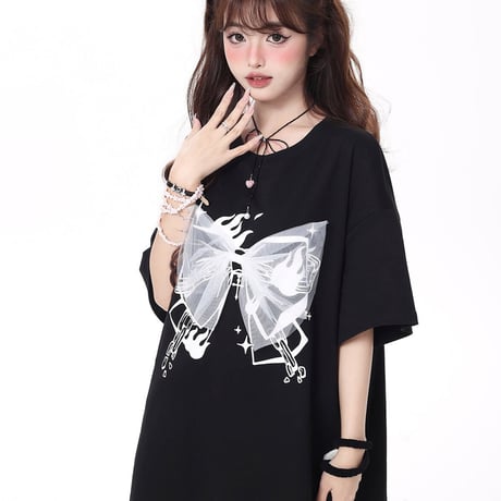 バタフライオリジナルプリントインスウィートガールルーズラウンドネックTシャツ1353
