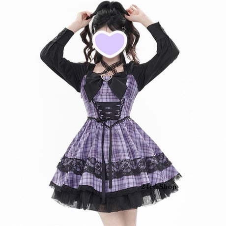 長袖パープルチェッククロスホルターネックワンピース opf056