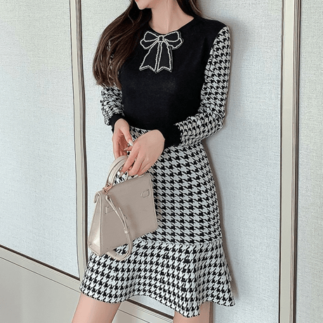 韓国服リボンロゴデザイン千鳥柄ワンピース24cm-783