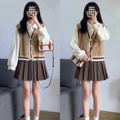 24cmShop 韓国ファッションベスト+ブラウス +スカート3点セット sus089