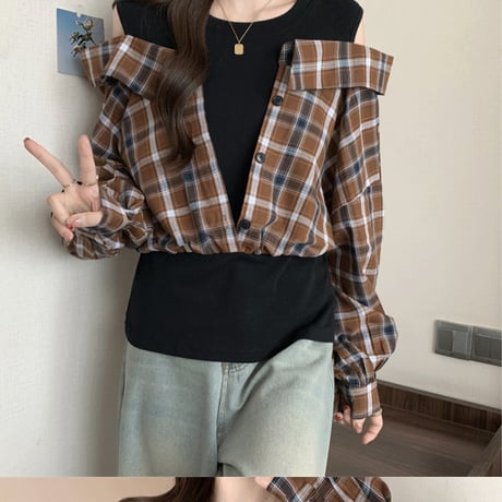 かわいいレトロなチェックの長袖シャツCY043