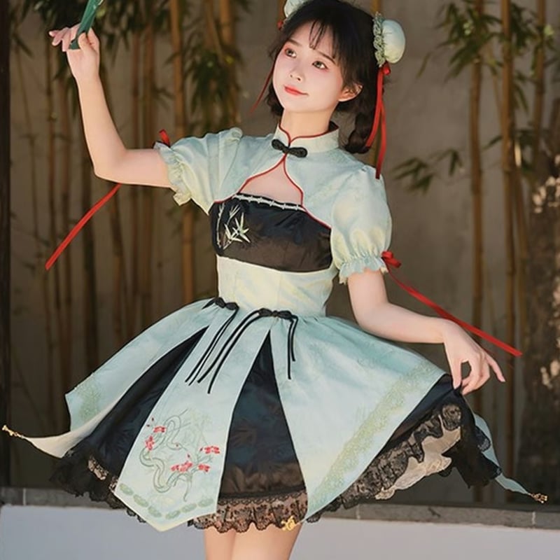 フォーリーチャイナ　爽やかなグリーンの小花散るティーセット　ハンドペイント チャイナロリータつけ袖ワンピース opf024 | 可愛い服量産型服通販24cm