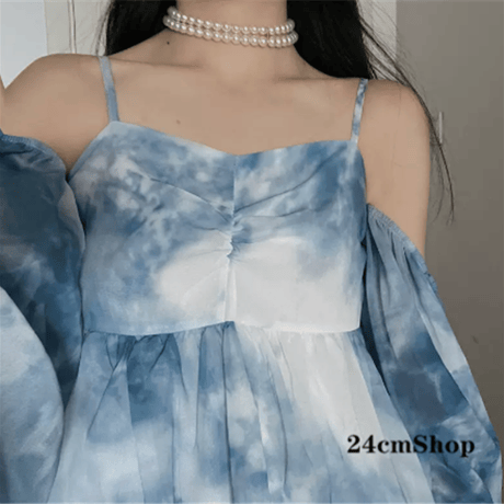 24cmShop 韓国ファッション青シフォンワンピース 1327