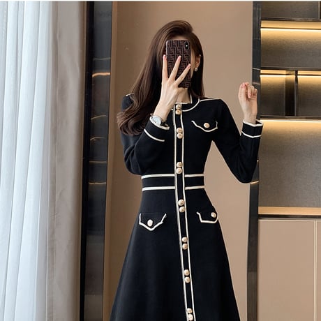パイピング ニット ワンピース 上品 ドレス レディース 膝丈 opf157