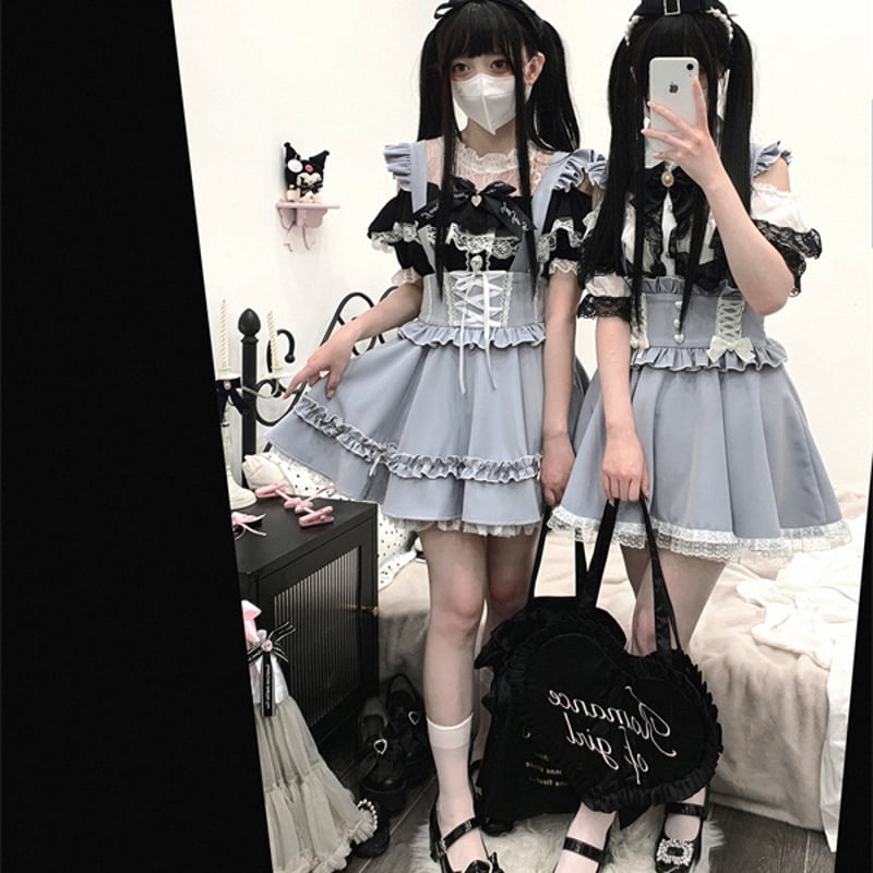秋冬♡フレアスカート　お出かけ 女子会 デート 地雷系 量産型地雷フロントダブルレースアップ スカート 3色 dq016
