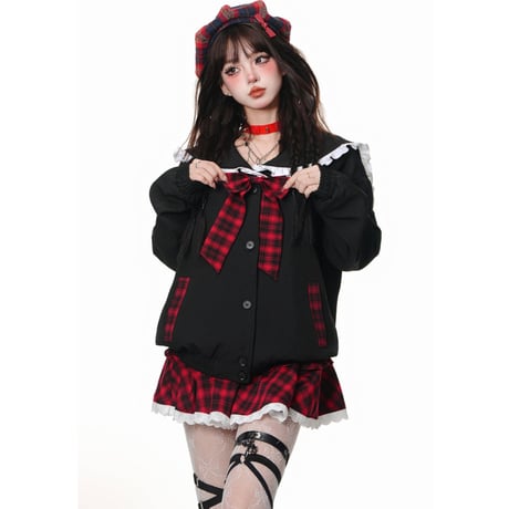 24cmShop パンクセーラートップス+レッドプラッドスカート2点セット sus123