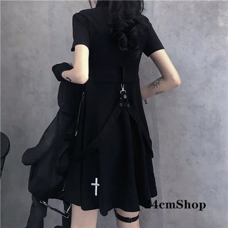 ブラック系半袖ワンピース 1348