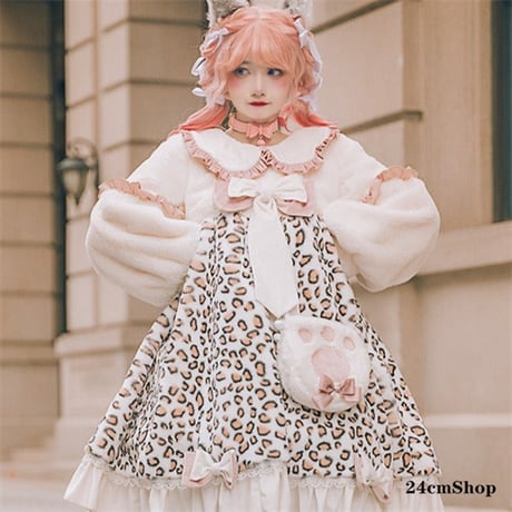 スイートフリルレオパードドレス＋キャットハンドファーバッグ opf012