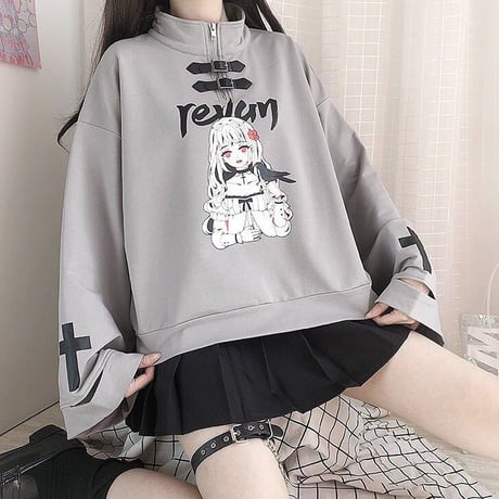 レザーバックルデザインベルスリーブスタンドネックプルオーバー1298