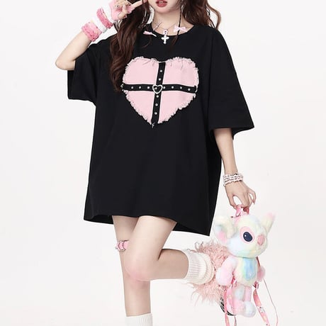 地雷ルーズラウンドネックコットンTシャツ1354