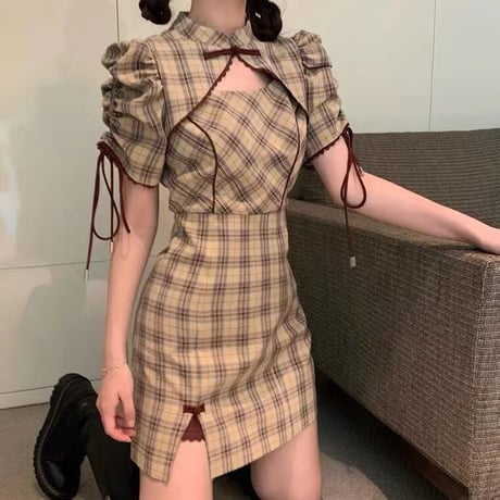 24cmShop チェック柄胸あきスリットワンピース 1189