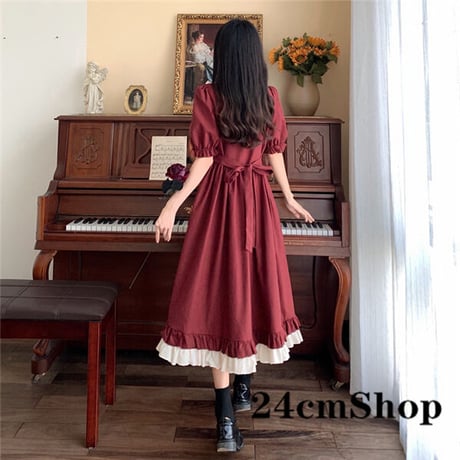 24cmShopバイカラーフロントリボンレトロフリルワンピース 1216
