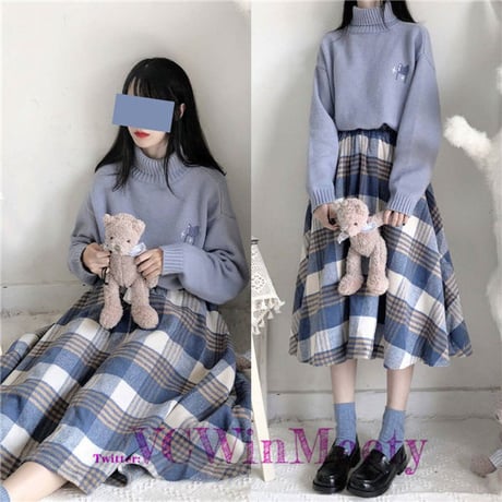 【Amazonで購入可能】可愛い服ニットトップチェックスカート 310