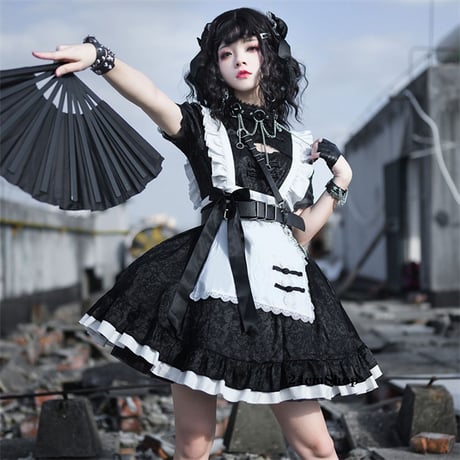 チャイナ風ミニスカ台形エプロンメイド服 opf124