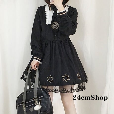 24cmShop ネクタイ付きフリルカラーレースゴシックワンピース 0004