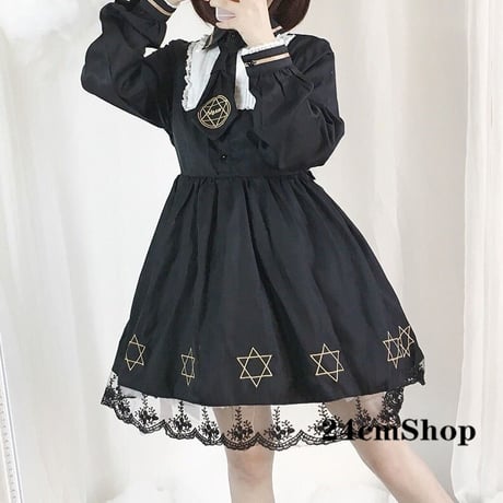 24cmShop ネクタイ付きフリルカラーレースゴシックワンピース 0004