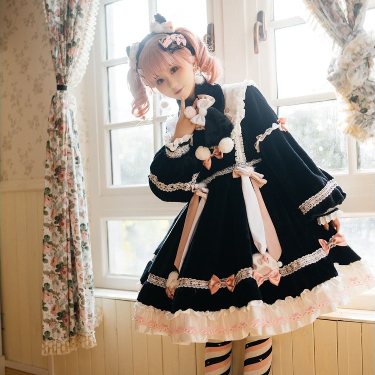 豹ネコロリィタ　中華古風　漢服ロリータ　鹿と月下美人　フルセットワンピース 豹ネコロリィタ 中華古風 漢服ロリータ 鹿と月下美人 フルセット