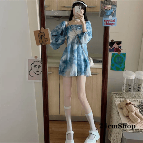24cmShop 韓国ファッション青シフォンワンピース 1327