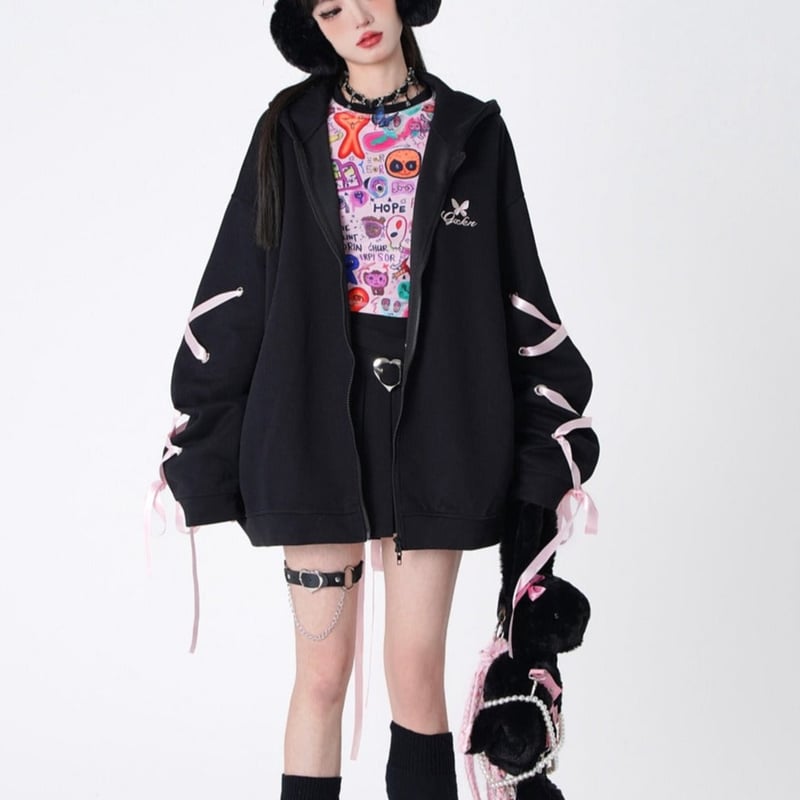 レースアップフードパーカー y2k/グランジ/V系 y2k パンク ムード