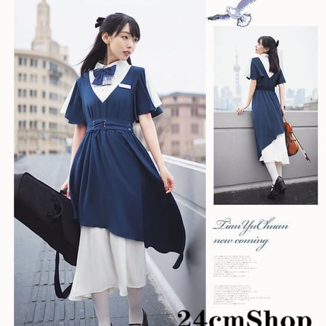 24cmShop鍵盤リボンブルーフレンチワンピース111