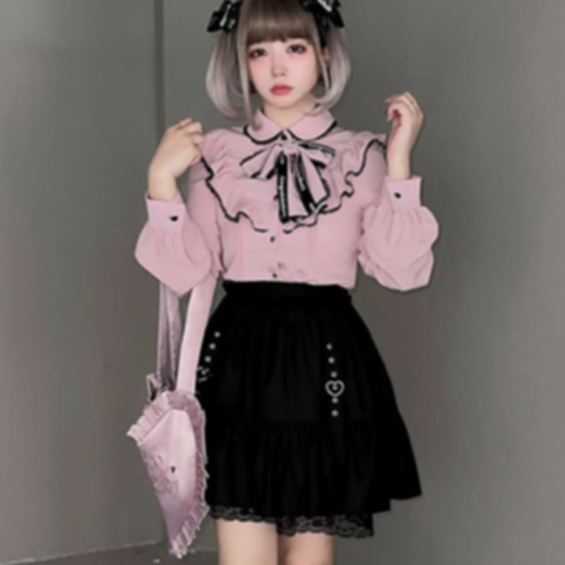 ●●プチプラ・2点セット●●ブラックピンクトップス・スカート・セットアップ 24cmShop地雷系フリル襟ブラックピンクセットアップとスカート