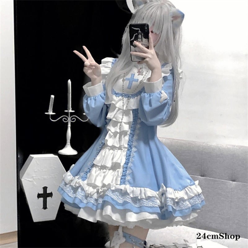 天使界隈👼】スタンドカラークロスエンジェルティアードリボンドレス