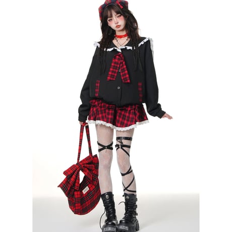 24cmShop パンクセーラートップス+レッドプラッドスカート2点セット sus123