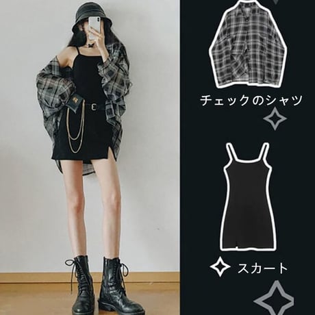 SetUp チェックシャツ+スカート2点セット 490