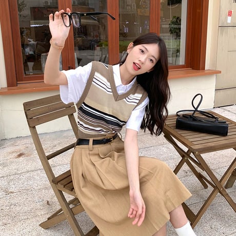 24cmShop 韓国ファッションベスト+ブラウス +スカート3点セット sus087