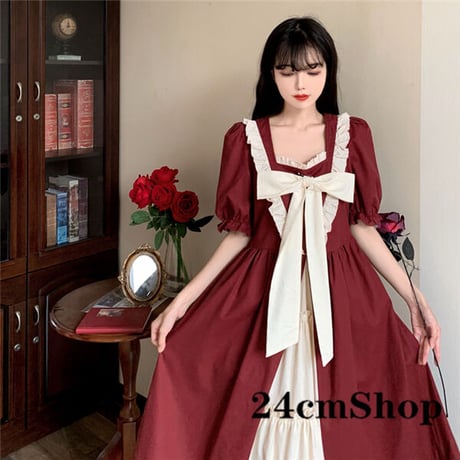 24cmShopバイカラーフロントリボンレトロフリルワンピース 1216