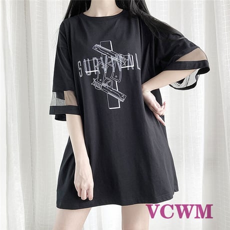 シアースリーブプリントチュニックTシャツ  1003
