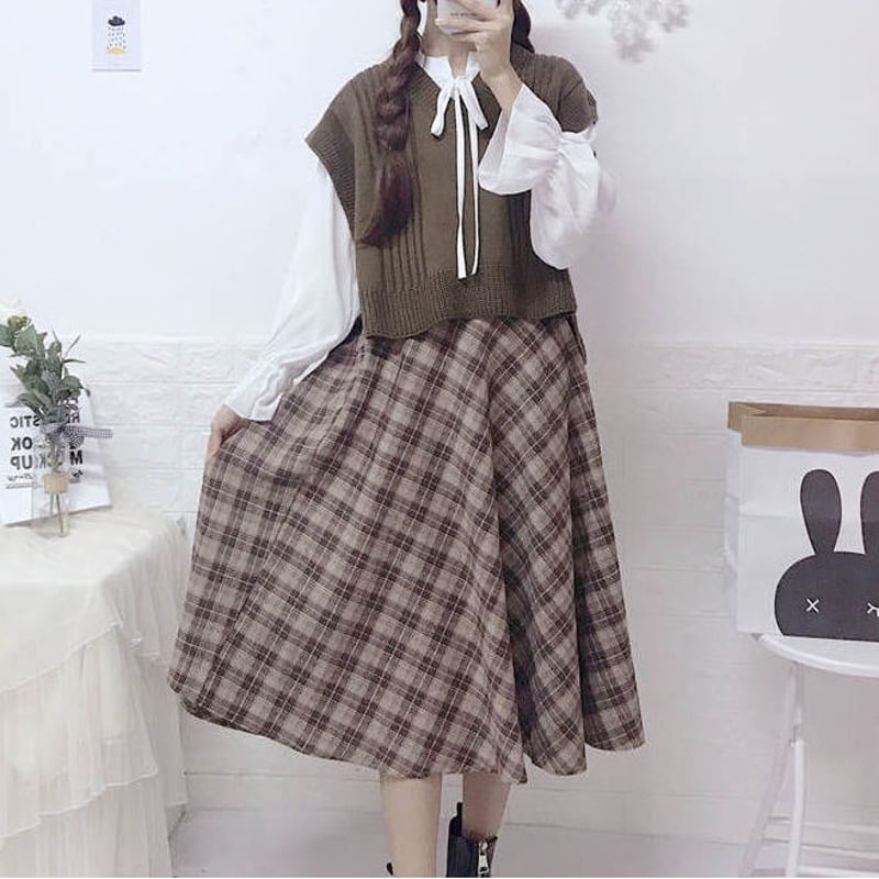 3点セットモノグラム柄ハートニットベスト・シャツ・スカートセット