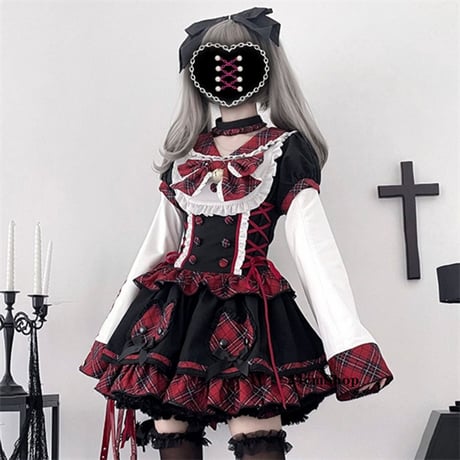 レッドチェックレースアップ姫袖ワンピース opf054