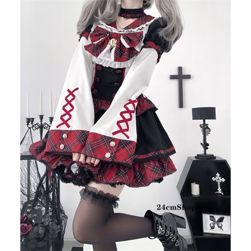 レッドチェックレースアップ姫袖ワンピース opf054 | 可愛い服量産型服 