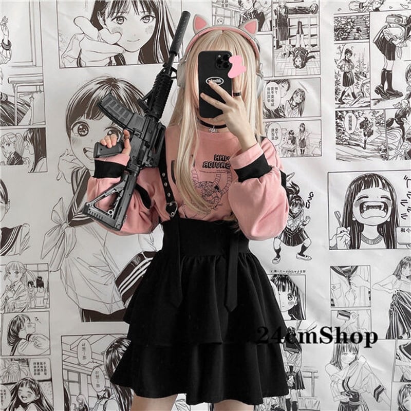 オーバーオール-サロペット-ミニスカート-パフスリーブブラウス