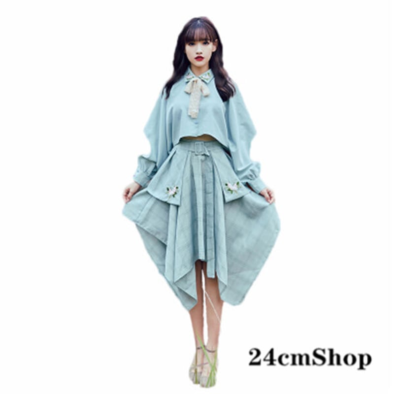 24cmshop ミントカラー刺繍ブラウス+アシメチェックスカート 24cmshop ミントカラー刺繍ブラウス+アシメチェックスカート