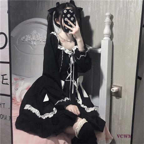ダークリボン長袖ワンピース 844