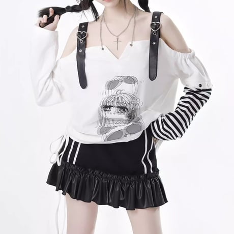 ブラックアンドホワイトオフショル＋スカート＋パンツ 2点セットsus151