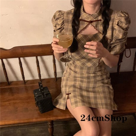 24cmShop チェック柄胸あきスリットワンピース 1189