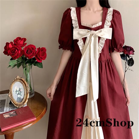 24cmShopバイカラーフロントリボンレトロフリルワンピース 1216