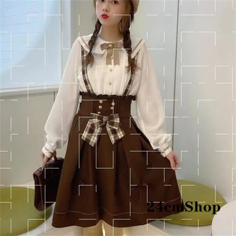 24cmShop かわいいシャツ+ジャンパースカート(リボン付き) 1186