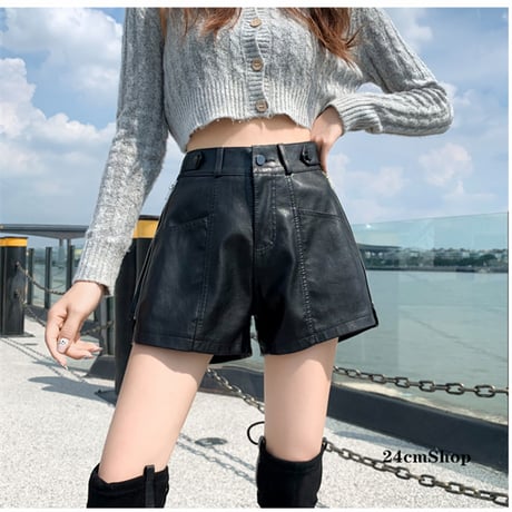24cmShop Fashion Black PU Short Pants with Zipper kz002