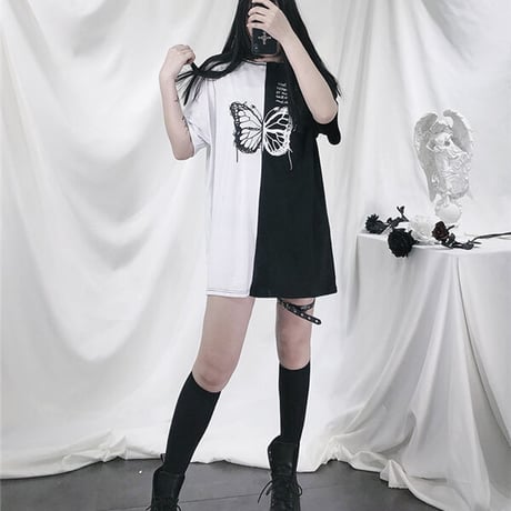 バイカラーバタフライプリントロング丈Tシャツ 1023