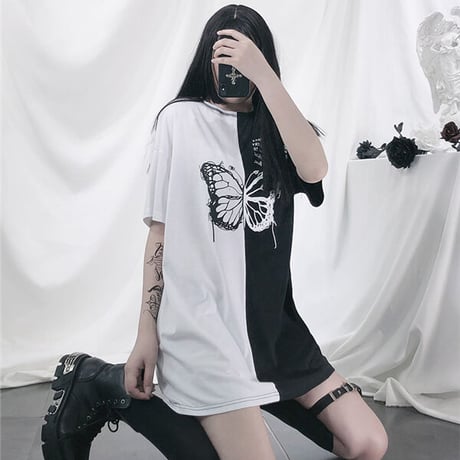 バイカラーバタフライプリントロング丈Tシャツ 1023