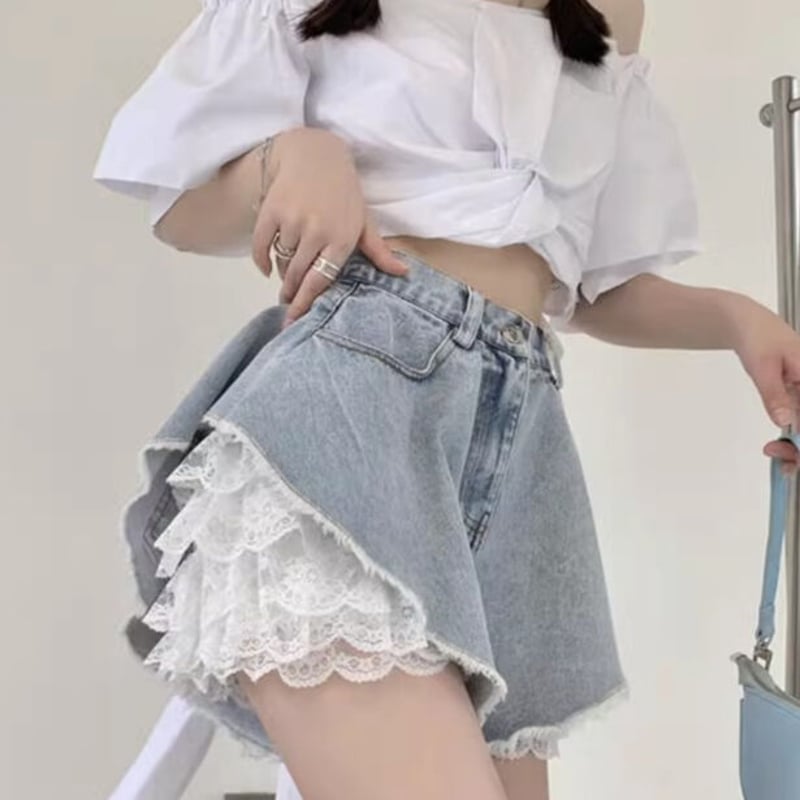 フリルペチコート付きデニムショートパンツ 1374 | 可愛い服量産型服