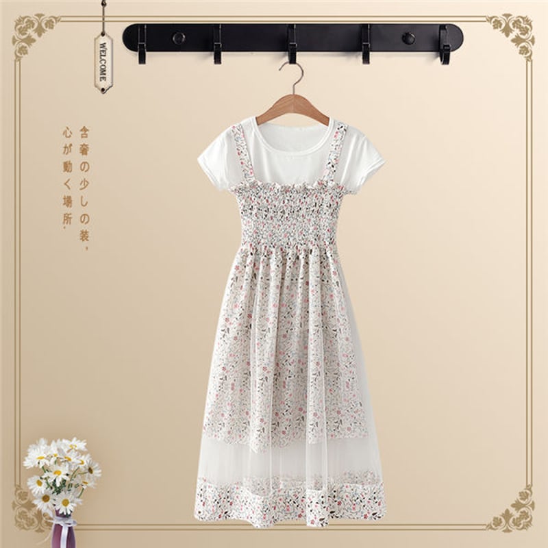 メッシュトップス　メッシュ花柄セットアップ SetUp シャツ+花柄メッシュワンピースセットアップ 401 | 可愛い
