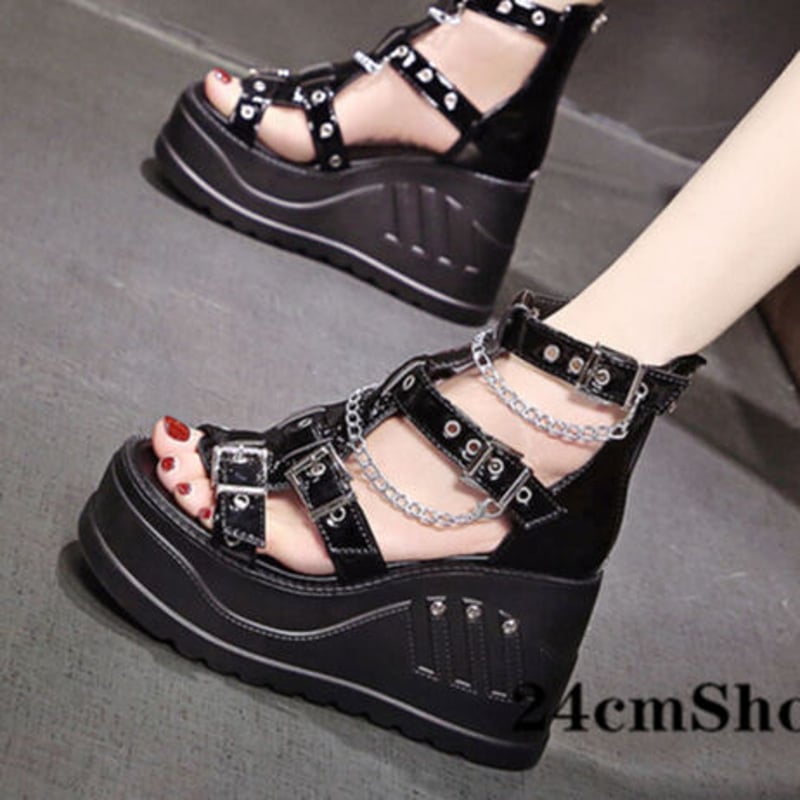 24cmShop ブラックエナメルスニーカー風厚底サンダル 1207