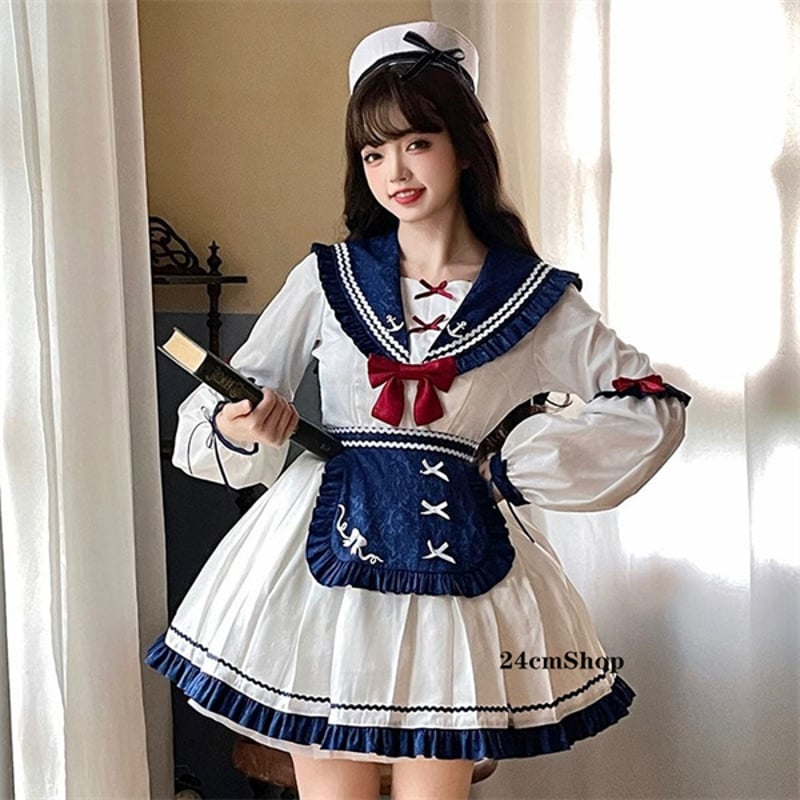 セーラー襟エプロン付きワンピースセット opf041 | 可愛い服量産