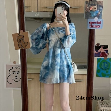 24cmShop 韓国ファッション青シフォンワンピース 1327